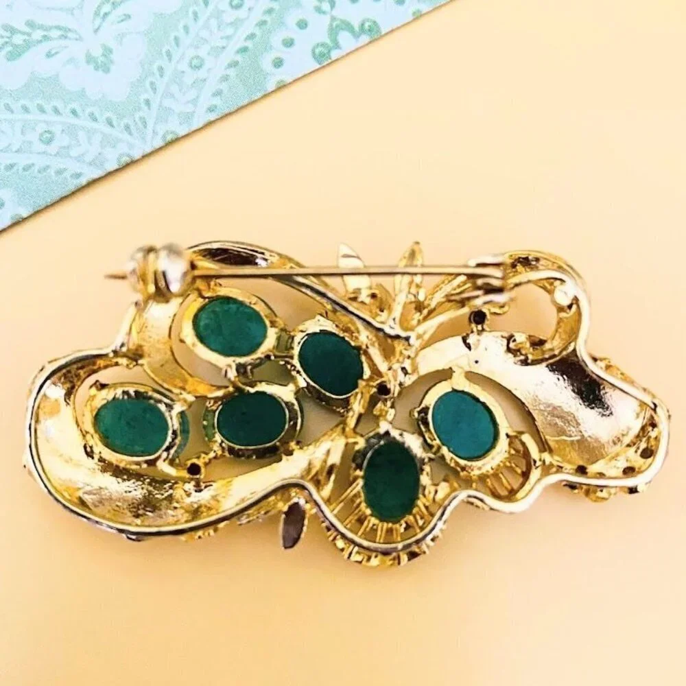 Vintage Jade Cluster Swirl Brooch Mixed Metal